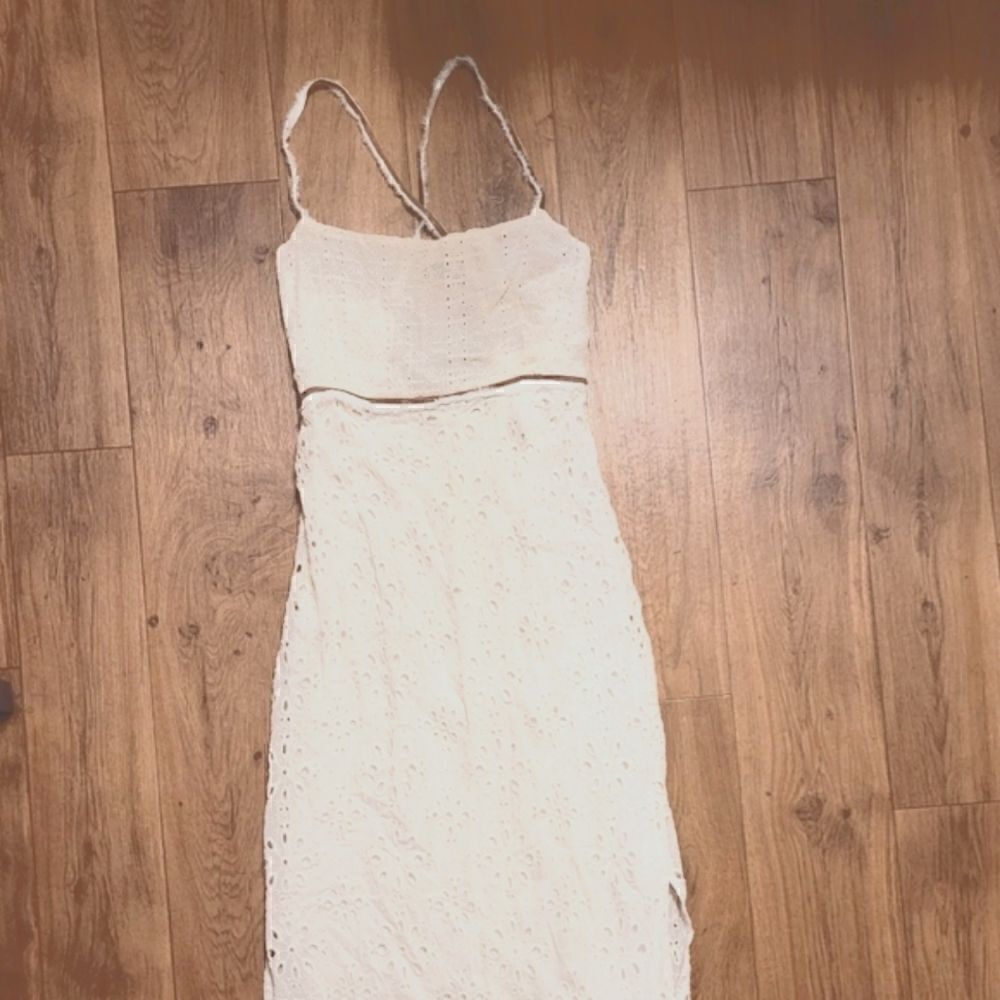 Zara Eyelet Back Lace Maxi Dress Cream Brown Size XS